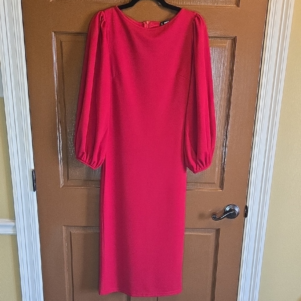 Shein-Red round neck long balloon sleeved dress Sz S/M.